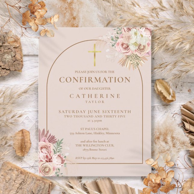 Pink Pampas Grass Floral Gold Arch Bestätigung Einladungspostkarte (Pink Pampas Grass Floral Gold Arch Confirmation Invitation Postcard)