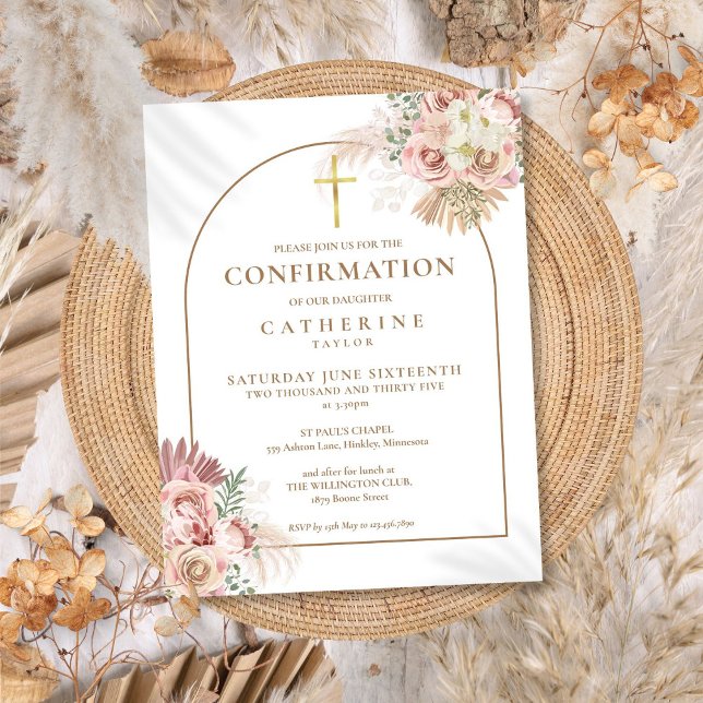 Pink Pampas Grass Floral Gold Arch Bestätigung Einladungspostkarte (Pink Pampas Grass Floral Gold Arch Confirmation Invitation Postcard)