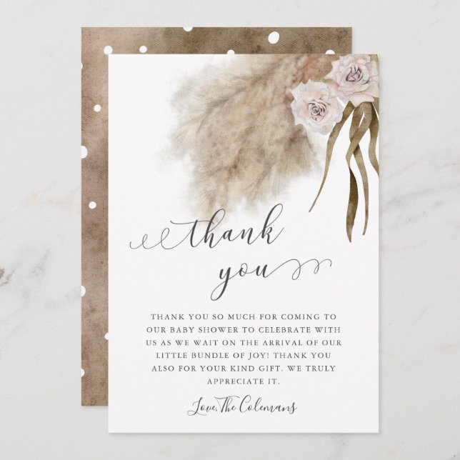 Pink Pampas Grass Watercolor Kinderdusche Dankeskarte (Vorne/Hinten)