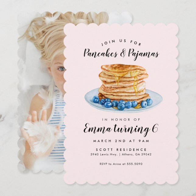 Pink Pancakes Pajamas Geburtstag Einladung (Vorne/Hinten)