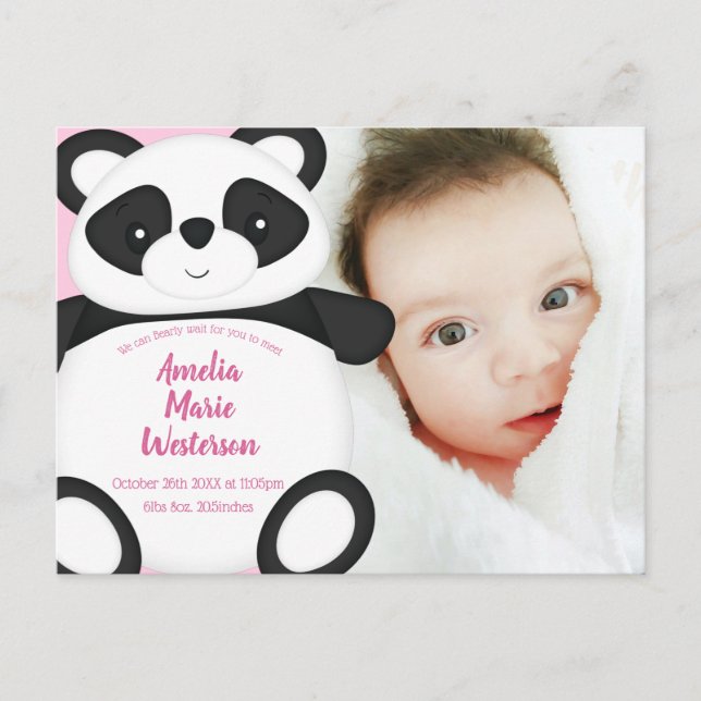 Pink Panda Bear Baby Geburtsankündigung Postkarte (Vorderseite)