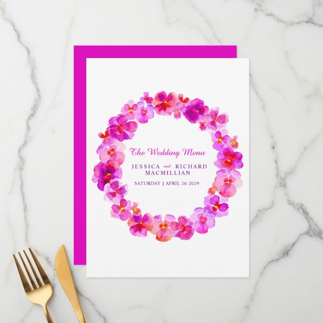 Pink pansy Art Blume Kranz Art Hochzeitsmenü Menükarte (Vorderseite/Rückseite Beispiel)