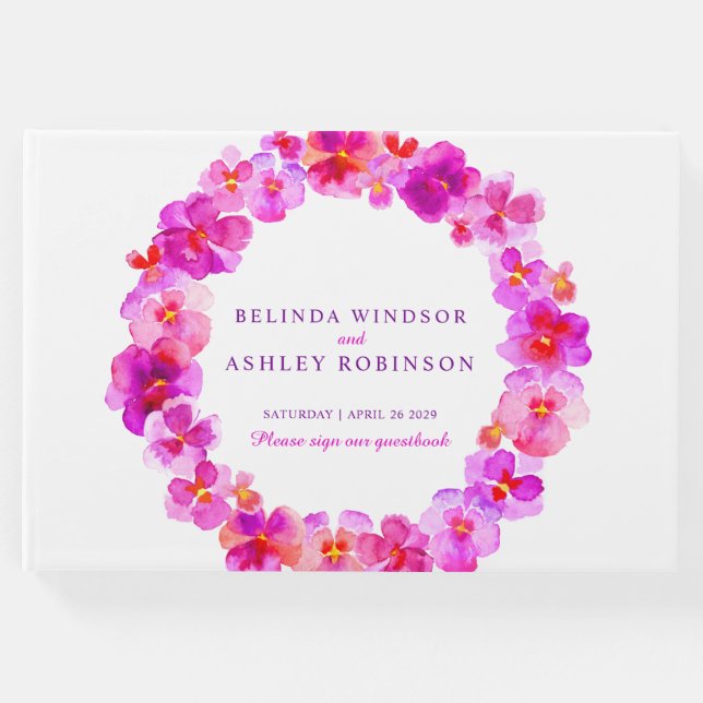 Pink pansy Kranz Aquarell Hochzeitsgast-Buch Gästebuch (Vorderseite)