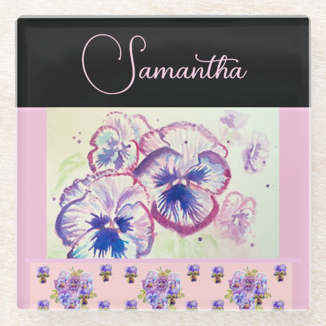 Pink Pansy Stiefmütterchen Wasserfarben Blume Flor Glasuntersetzer (Vorderseite)