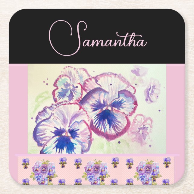 Pink Pansy Stiefmütterchen Wasserfarben Blume Flor Rechteckiger Pappuntersetzer (Vorderseite)