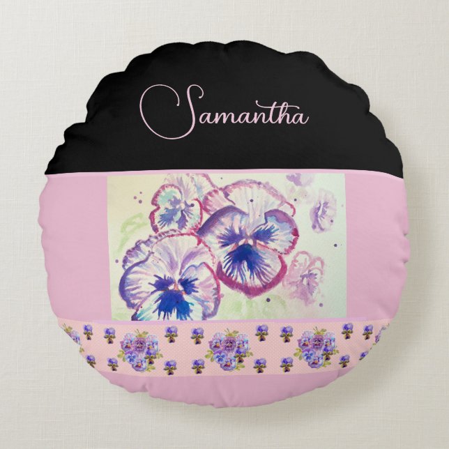 Pink Pansy Stiefmütterchen Wasserfarben Blume Flor Rundes Kissen (Vorderseite)