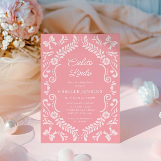 Pink Papel Picado Mexican Baby Dusche Einladung (Pink Papel Picado Cielito Lindo Baby Shower Invitation)