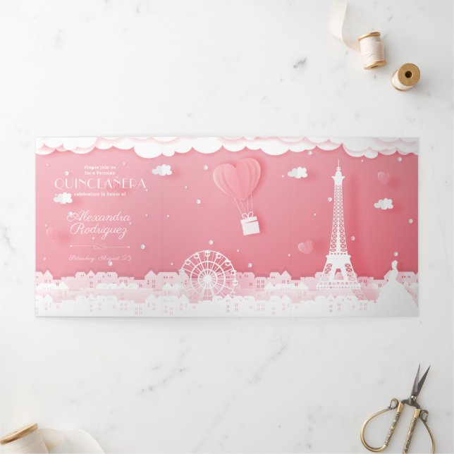 Pink Paper Paris Quinceañera Tri-Fold Einladung (Außenbereich)
