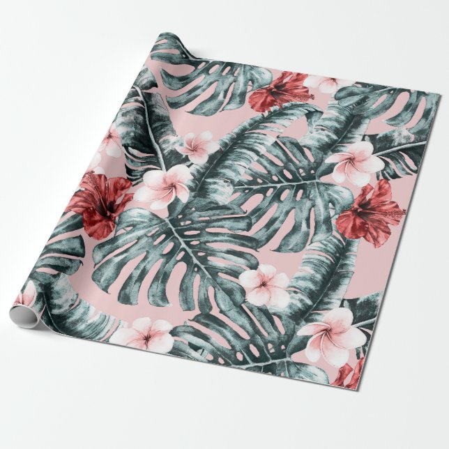 Pink Paradise Tropical Island Floral Botanical Geschenkpapier (Ungerollt)