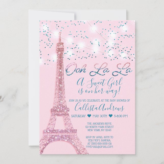 Pink Paris Eiffel Tower Glitzer Lights Baby Dusche Einladung (Vorderseite)