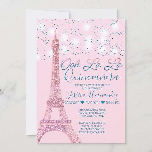 Pink Paris Eiffel Tower Glitzer Lights Quinceañera Einladung (Vorderseite)