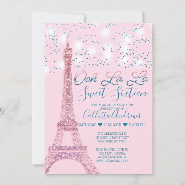 Pink Paris Eiffel Tower Glitzer Lights Sweet 16 Einladung (Vorderseite)