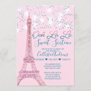 Pink Paris Eiffel Tower Glitzer Lights Sweet 16 Einladung