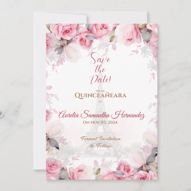 Pink Paris Floral Rose Quinceañera Save the Date Einladung (Vorderseite)