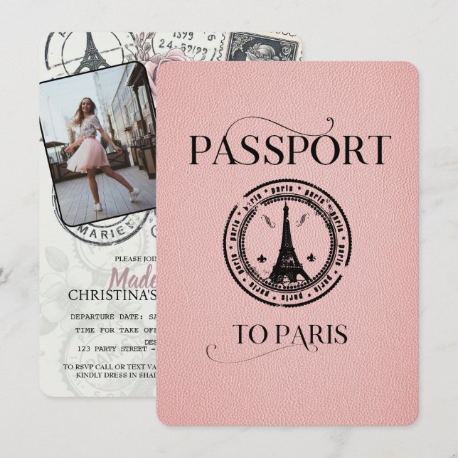 Pink Paris Passport Party Einladung (Vorne/Hinten)