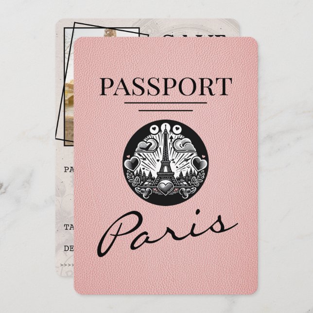 Pink Paris Passport Save the Date (Vorne/Hinten)