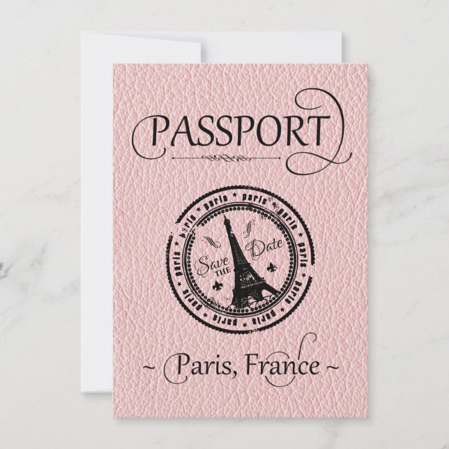 Pink Paris Passport Save the Date Karte (Vorderseite)