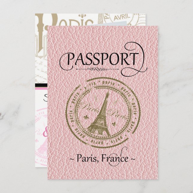 Pink Paris Passport Save the Date Karte (Vorne/Hinten)