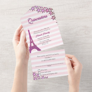 Pink Paris Themed Quinceañera All In One Einladung