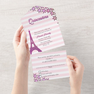 Pink Paris Themed Quinceañera All In One Einladung