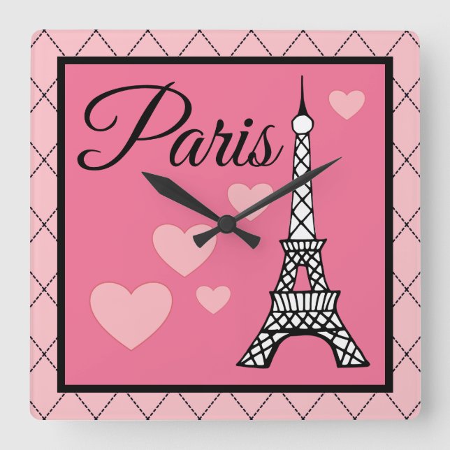 Pink Paris Wall Clock Quadratische Wanduhr (Vorderseite)