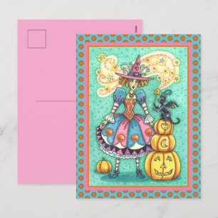 PINK PARTY HEXE IST HALLOWEEN MAGIE, SCHWARZE KATZ FEIERTAGSPOSTKARTE