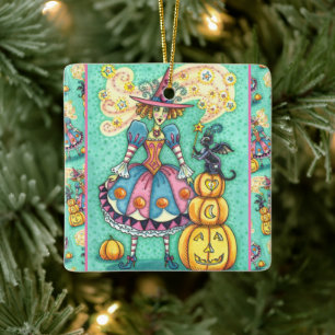 PINK PARTY HEXE IST HALLOWEEN MAGIE, SCHWARZE KATZ KERAMIKORNAMENT