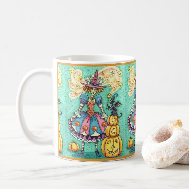 PINK PARTY WITCH IST HALLOWEEN MAGIC, SCHWARZE KAT KAFFEETASSE (Mit Donut)