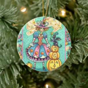 PINK PARTY WITCH IST HALLOWEEN MAGIC, SCHWARZE KAT KERAMIK ORNAMENT