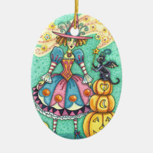 PINK PARTY WITCH IST HALLOWEEN MAGIC, SCHWARZE KAT KERAMIK ORNAMENT