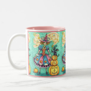 PINK PARTY WITCH IST HALLOWEEN MAGIC, SCHWARZE KAT ZWEIFARBIGE TASSE