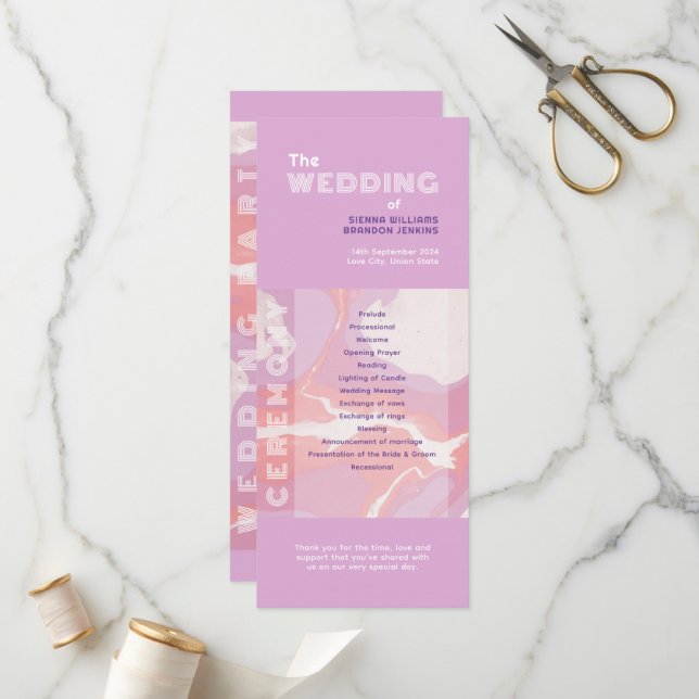 Pink Pastel Abstrakt Art Wedding Programm (Vorderseite/Rückseite Beispiel)