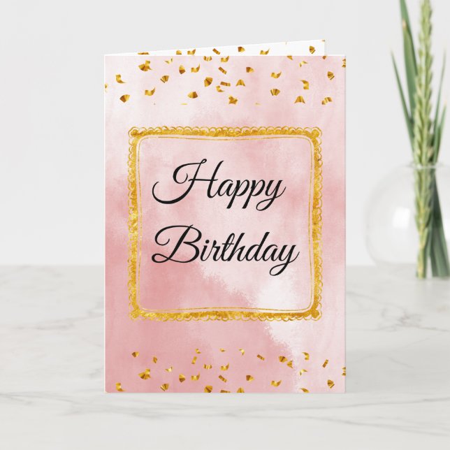 Pink Pastel Birthday Card with Gold Frame and Tins Karte (Vorderseite)