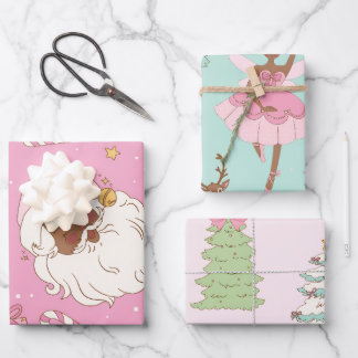 Pink Pastel Christmas Black Santa & Ballerina Geschenkpapier Set