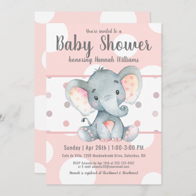 Pink Pastel dotiert Niedlich Elephant Baby Dusche Einladung (Vorne/Hinten)