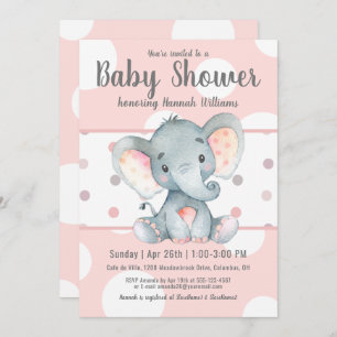 Pink Pastel dotiert Niedlich Elephant Baby Dusche Einladung