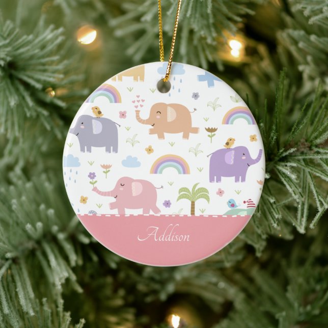 Pink Pastel Elephant Pattern Little Girl Keramik Ornament (Baum)