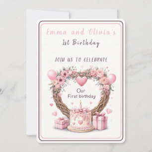 Pink Pastel Floral Wreath Twins Erster Geburtstag  Einladung