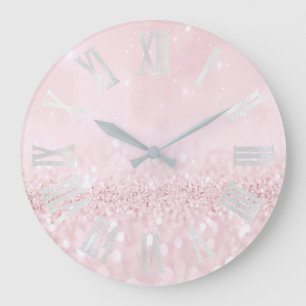 Pink Pastel Girly Glitzer Gray Roman Numbers Große Wanduhr