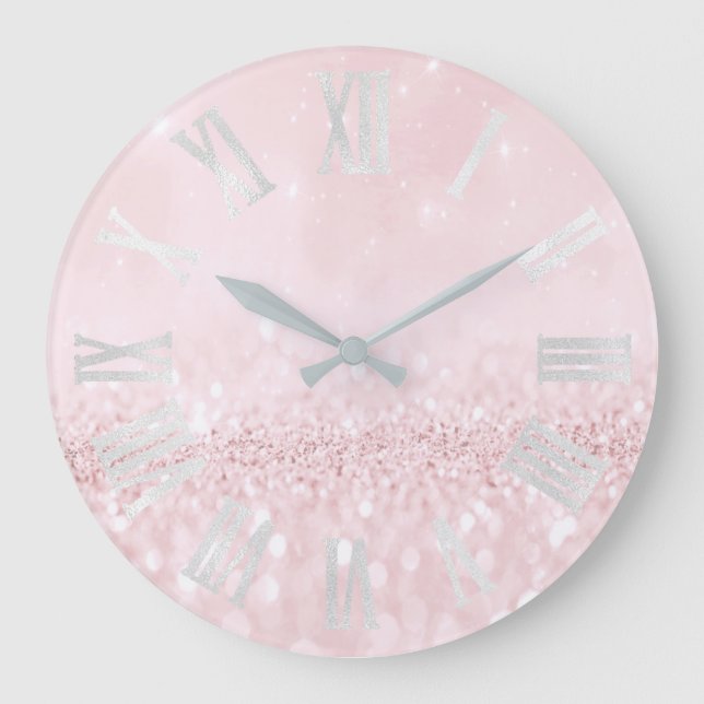 Pink Pastel Girly Glitzer Gray Roman Numbers Große Wanduhr (Vorderseite)