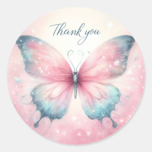 Pink Pastel Glitzer Butterfly - Danke - Runder Aufkleber