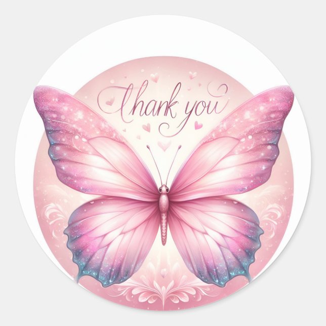 Pink Pastel Glitzer Butterfly - Danke - Runder Aufkleber (Vorderseite)