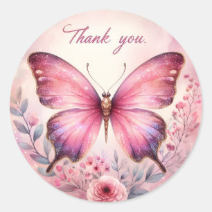 Pink Pastel Gold Glitzer Butterfly - Danke - Runder Aufkleber