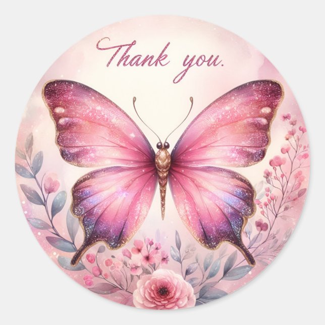 Pink Pastel Gold Glitzer Butterfly - Danke - Runder Aufkleber (Vorderseite)