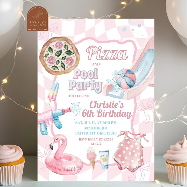 Pink Pastel Groovy Pizza und Pool Sommer Geburtsta Einladung (Von Creator hochgeladen)