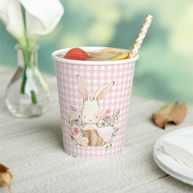 Pink Pastel Hahnentrittmuster Bunny Rabbit Pappbecher (In Situ)