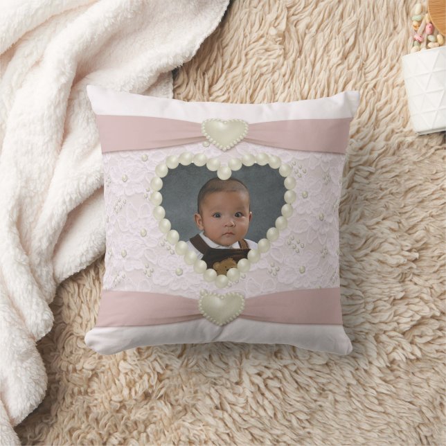 Pink Pastel Lace Pearl Baby Foto Throw Kissen (Decke)