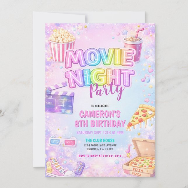 Pink Pastel Movie Night Birthday Party  Einladung (Vorderseite)