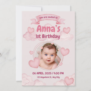 Pink Pastel Niedlich First Baby Girl Geburtstag Einladung