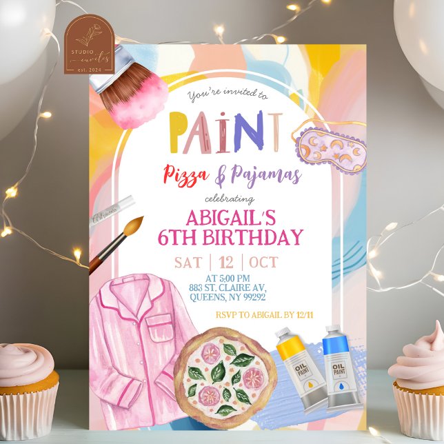 Pink Pastel Paint Pizza and Pajamas Party Einladung (Von Creator hochgeladen)